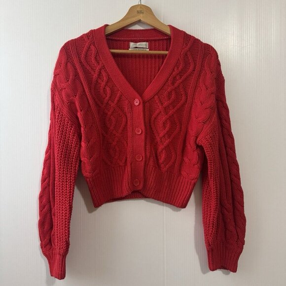 Urban Outfitters Cropped Cable Knit Sweater Women Sz XS V-neck Red Butto… - Picture 1 of 13